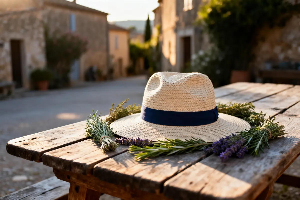 Chapeau de paille avec ruban bleu sur table en bois, entouré de lavande et herbes. Village en arrière-plan.