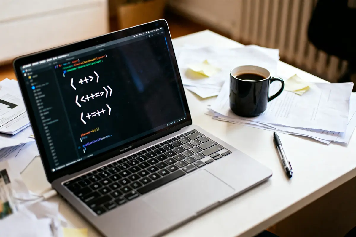 Ordinateur portable avec code, tasse de café, documents et stylo sur un bureau.