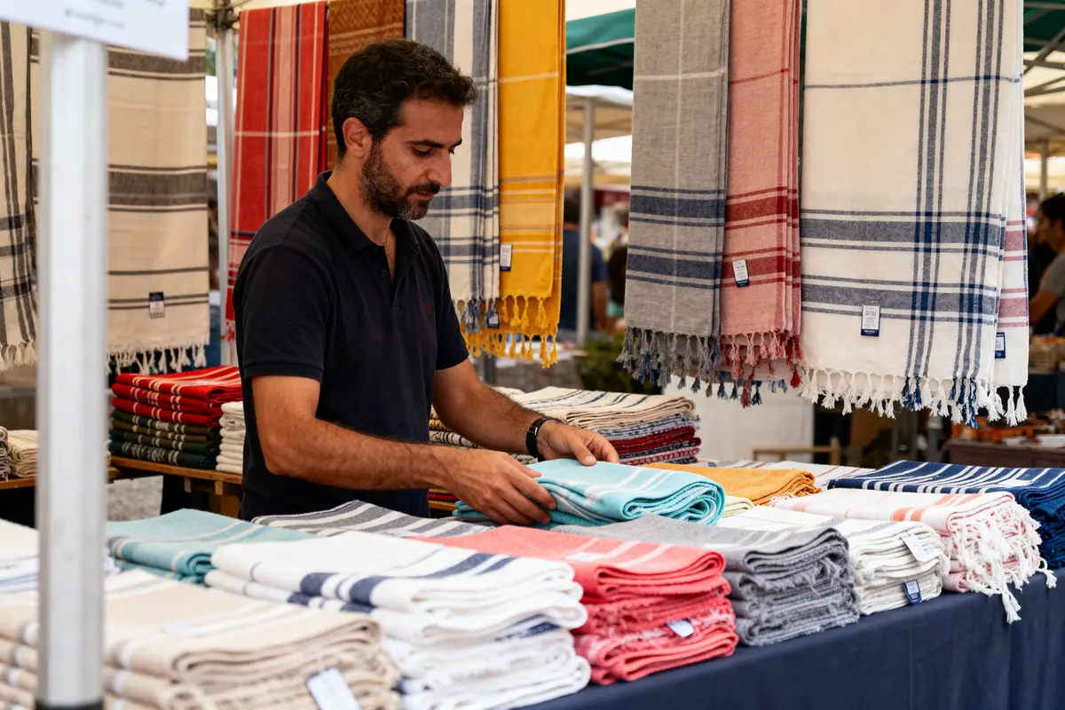 Homme organisant des serviettes colorées sur un stand de marché en plein air, avec tissus suspendus.