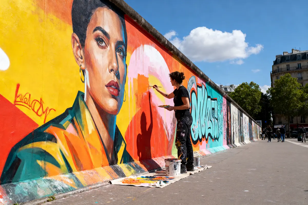 Artiste peignant une fresque murale colorée sur un mur extérieur, par une journée ensoleillée.