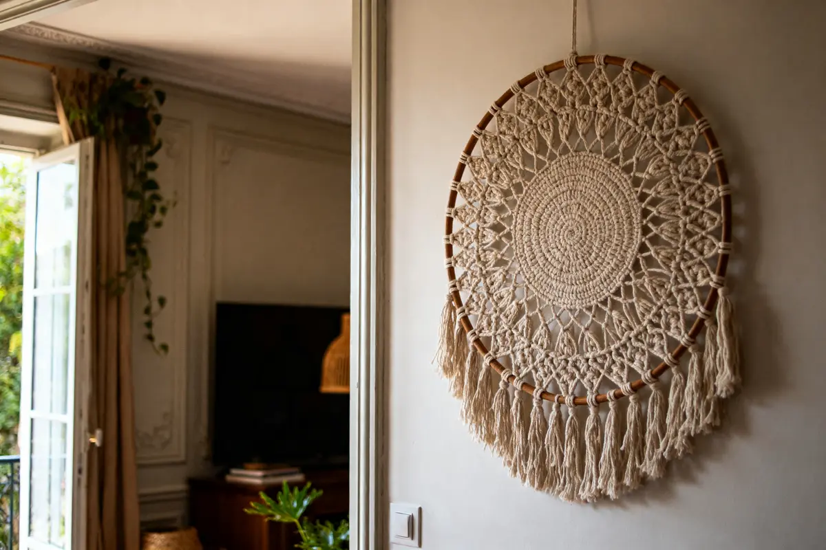Décoration murale en macramé sur mur beige, intérieur lumineux avec plantes et meubles en arrière-plan.