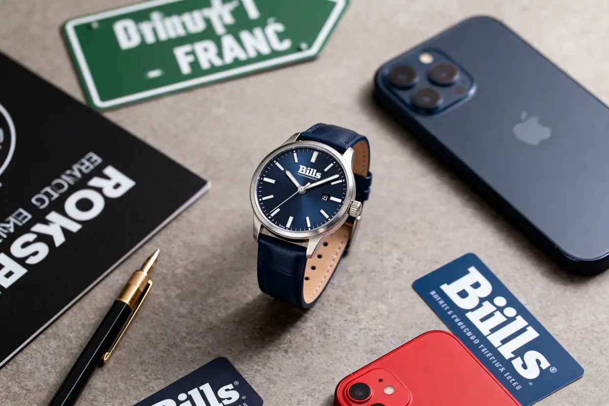 Montre bracelet bleu, marque Bills, posée sur table avec téléphones, stylo et cartes, ambiance moderne.