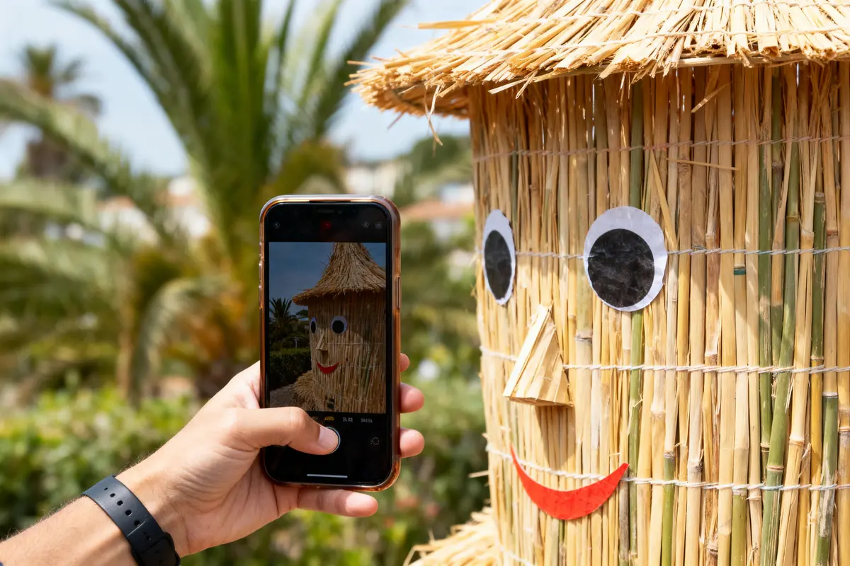 Scène de photo d'un bonhomme en paille souriant, prise avec un smartphone, fond de verdure.