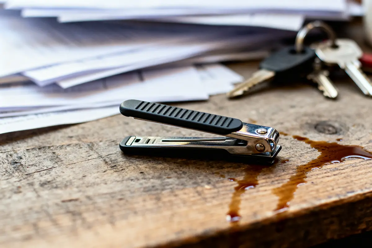 Un coupe-ongles sur une table en bois avec tâches de liquide, documents et clés en arrière-plan.