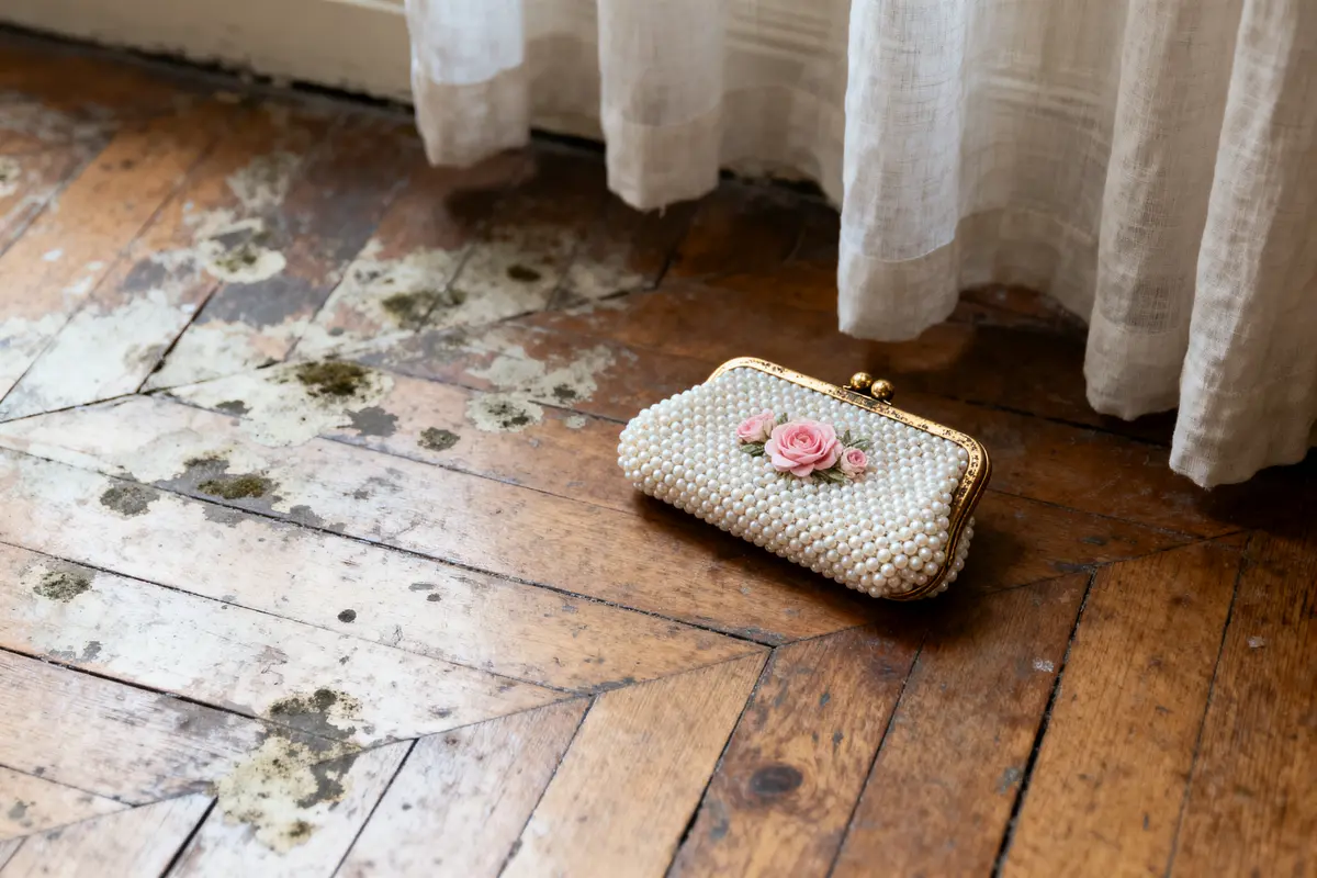 Petite pochette perlée avec roses sur plancher en bois abîmé, près d'un rideau blanc.