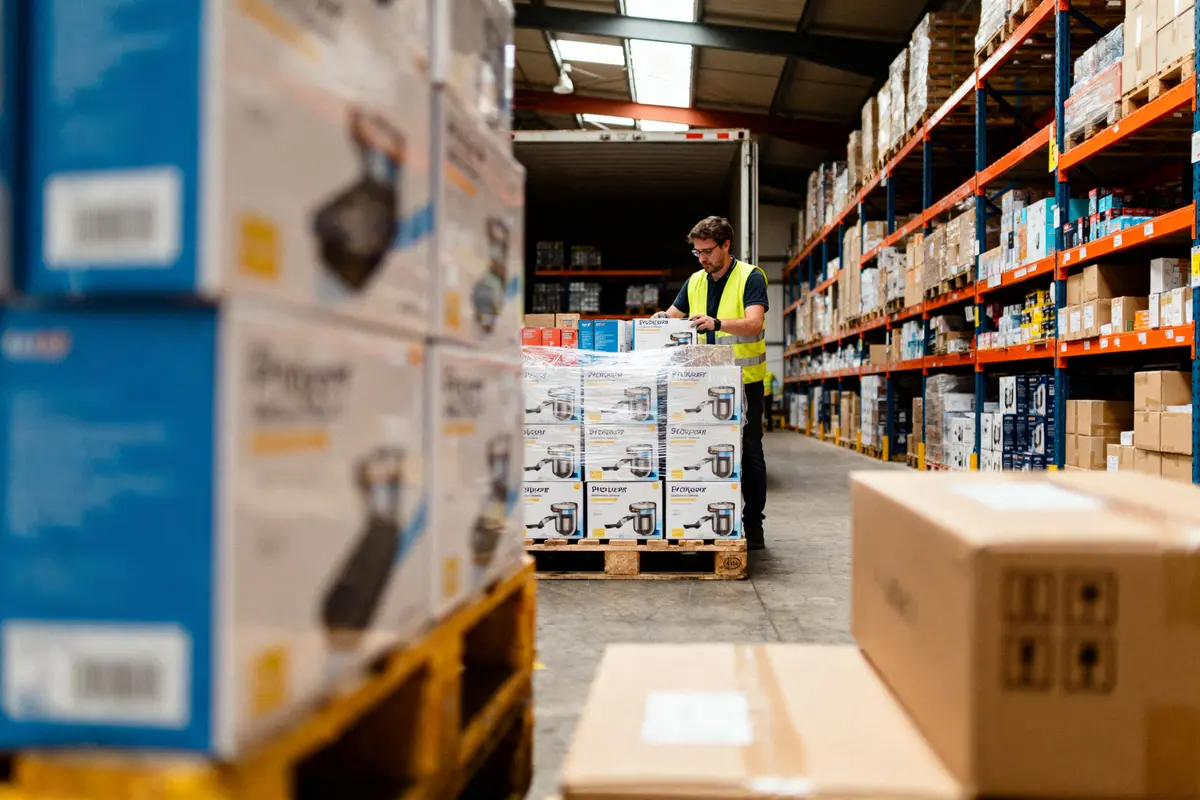 Homme en gilet jaune manipulant des palettes dans un entrepôt rempli de boîtes et de marchandises.
