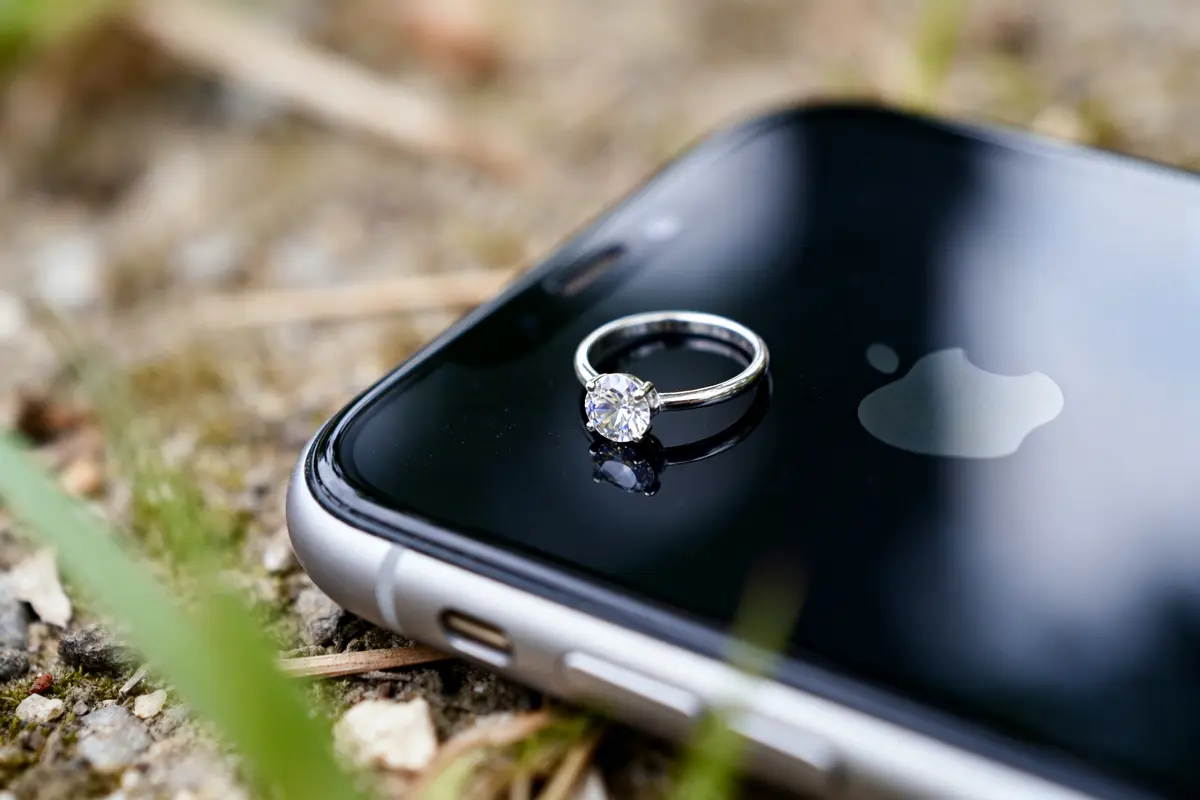 Bague en diamant posée sur un smartphone, à l'extérieur, avec fond flou.