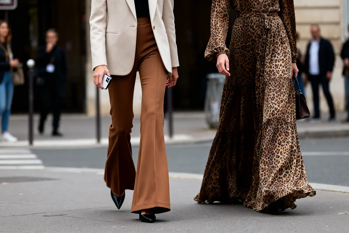 Deux femmes marchant en tenues élégantes : veste beige, pantalon marron et robe léopard fluide.