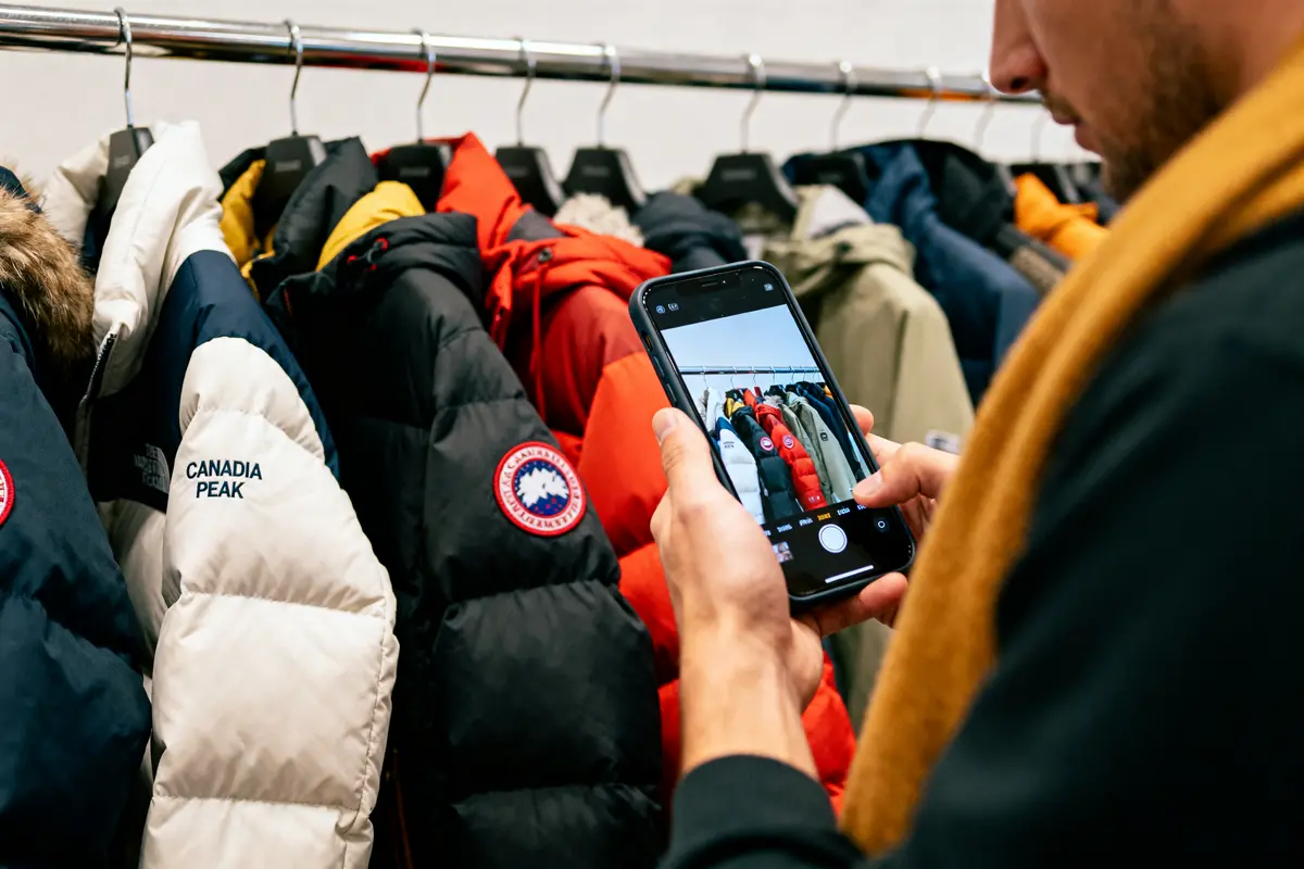 Une personne photographie des vestes colorées sur cintres dans un magasin, utilisant un smartphone.