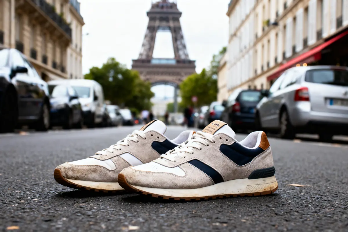 Paire de baskets sur une rue de Paris avec la Tour Eiffel en arrière-plan flou.