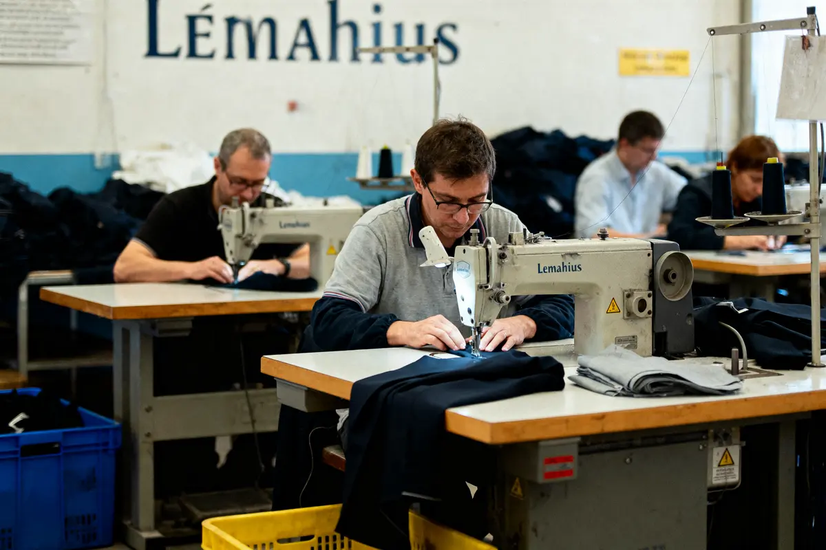 Travailleurs concentrés utilisant des machines à coudre dans un atelier textile, logo "Lemahus" visible.