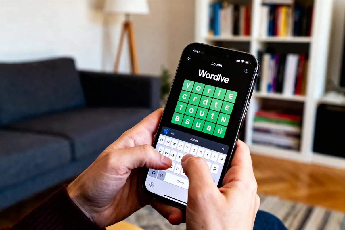 Personne jouant à un jeu de lettres "Wordlive" sur smartphone dans un salon.